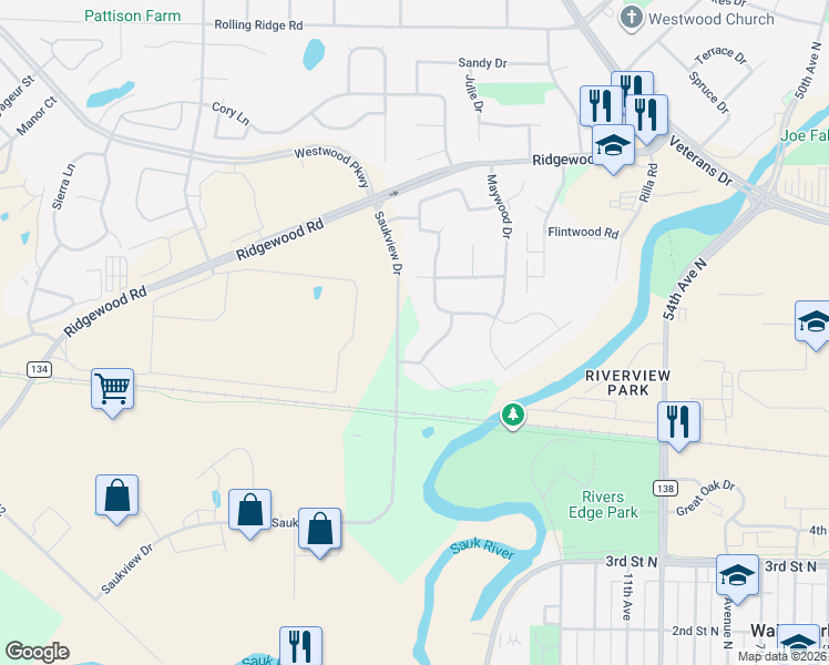 map of restaurants, bars, coffee shops, grocery stores, and more near 619 Brookwood Lane in St. Cloud