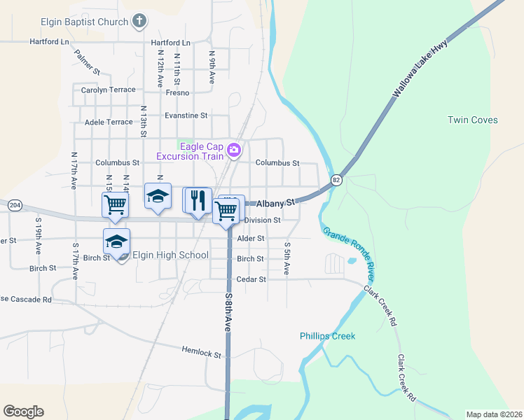 map of restaurants, bars, coffee shops, grocery stores, and more near 585 Albany Street in Elgin