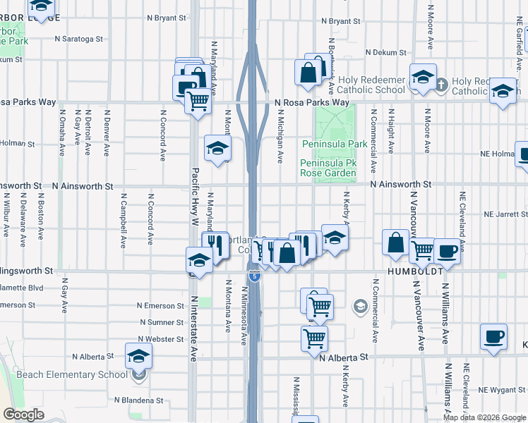 map of restaurants, bars, coffee shops, grocery stores, and more near 5862 North Missouri Avenue in Portland
