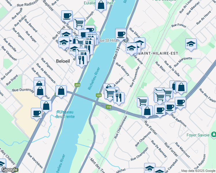 map of restaurants, bars, coffee shops, grocery stores, and more near 83 Rue Martin in Mont-Saint-Hilaire