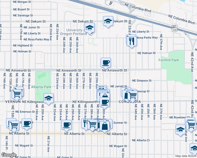 map of restaurants, bars, coffee shops, grocery stores, and more near 5850 Northeast 29th Avenue in Portland