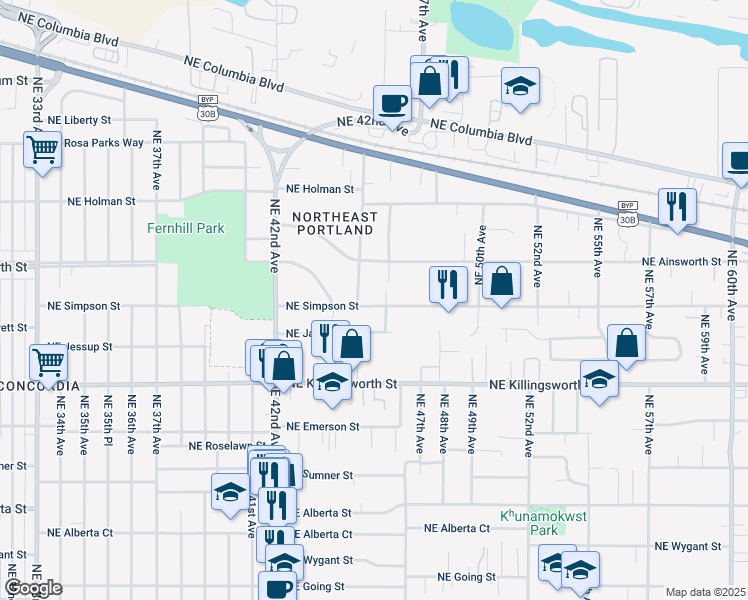 map of restaurants, bars, coffee shops, grocery stores, and more near 4551 Northeast Simpson Street in Portland