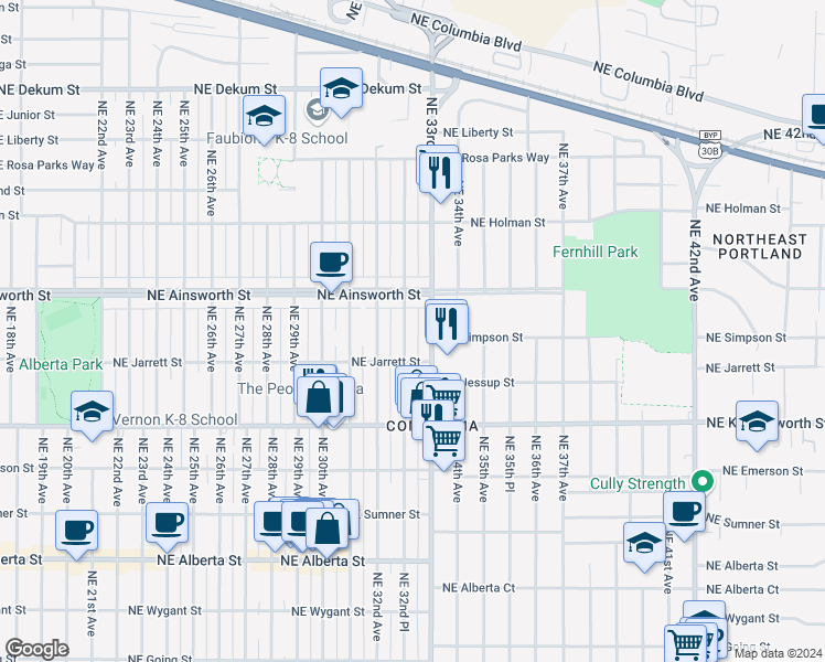 map of restaurants, bars, coffee shops, grocery stores, and more near 5915 Northeast 33rd Avenue in Portland