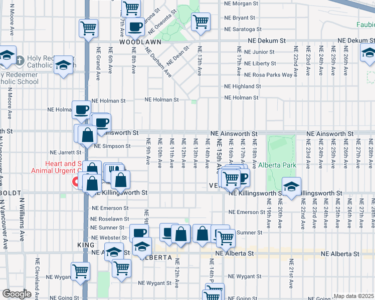 map of restaurants, bars, coffee shops, grocery stores, and more near 5901 Northeast 12th Avenue in Portland