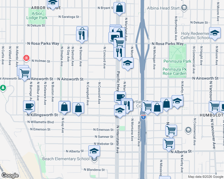 map of restaurants, bars, coffee shops, grocery stores, and more near 1606 North Simpson Street in Portland