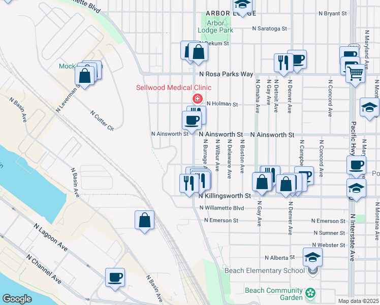 map of restaurants, bars, coffee shops, grocery stores, and more near 5824 North Greeley Avenue in Portland
