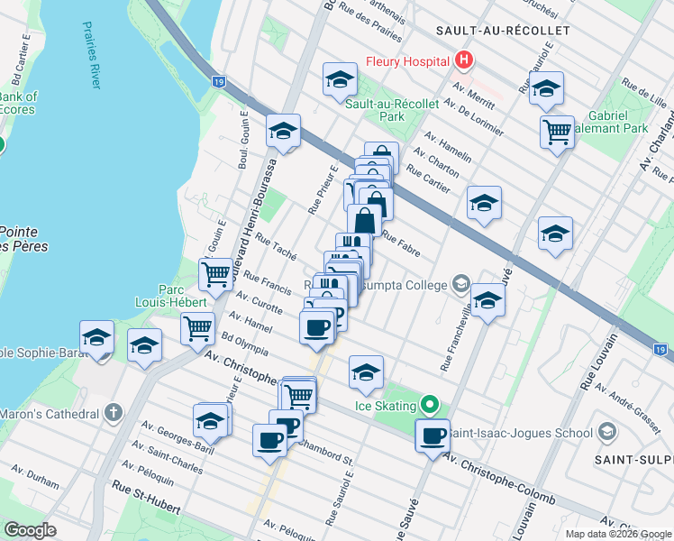 map of restaurants, bars, coffee shops, grocery stores, and more near 1619 Terrasse Garnier in Montréal