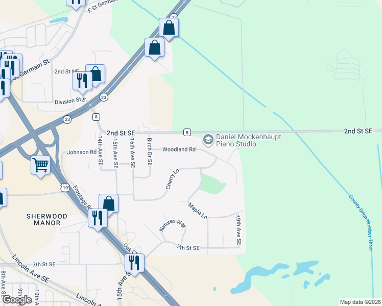 map of restaurants, bars, coffee shops, grocery stores, and more near 1735 Woodland Road in St. Cloud