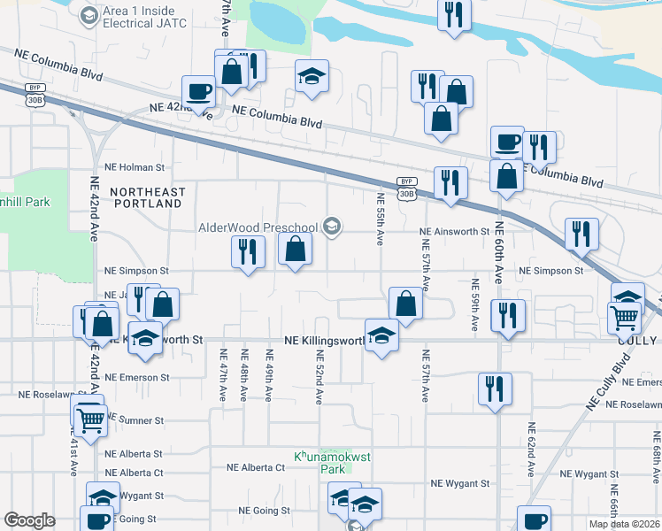 map of restaurants, bars, coffee shops, grocery stores, and more near 5910 Northeast 52nd Avenue in Portland