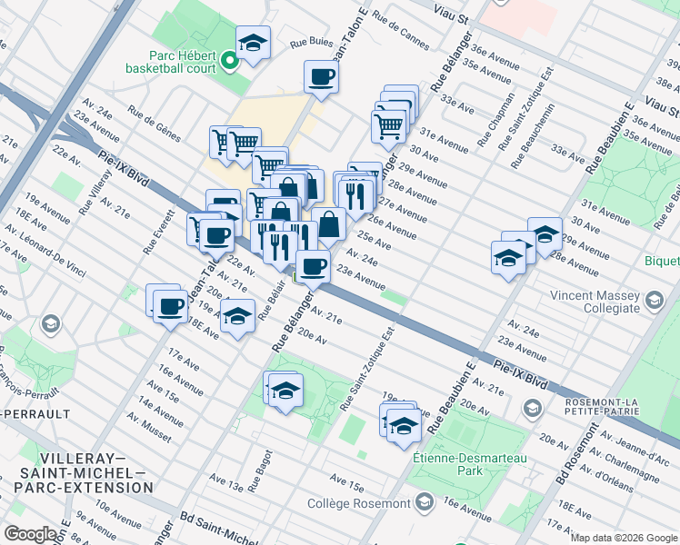map of restaurants, bars, coffee shops, grocery stores, and more near 6912 23e Avenue in Montréal