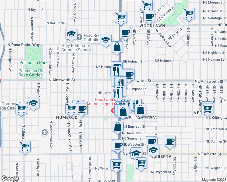 map of restaurants, bars, coffee shops, grocery stores, and more near 5806 Northeast Garfield Avenue in Portland