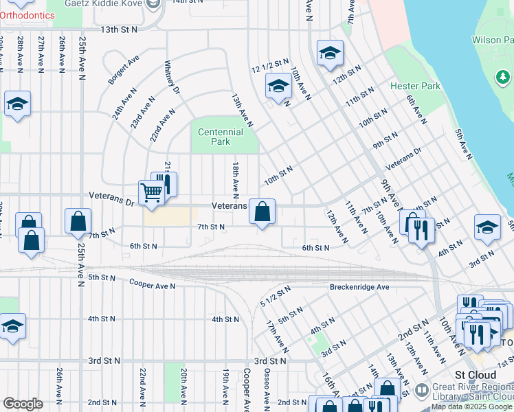 map of restaurants, bars, coffee shops, grocery stores, and more near 1715 Veterans Drive in St. Cloud