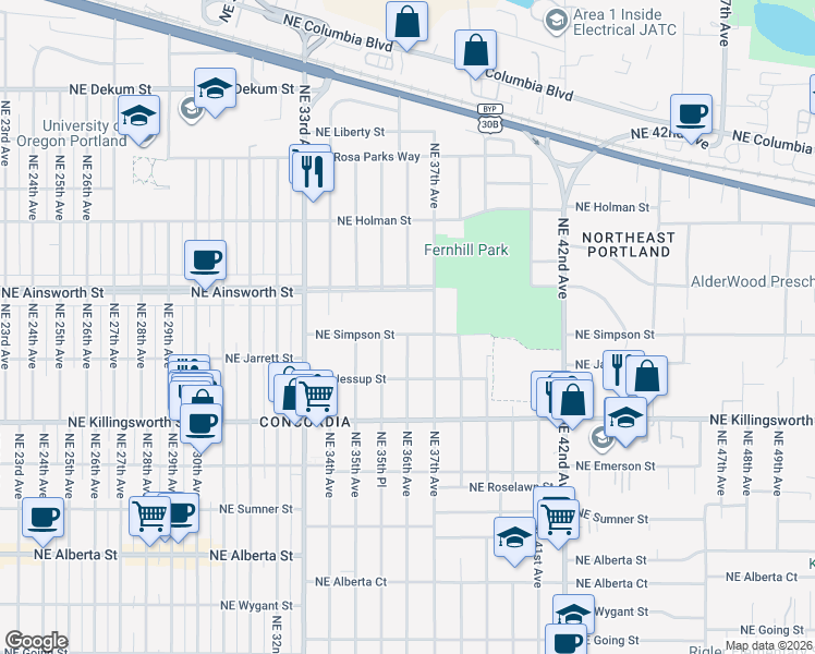 map of restaurants, bars, coffee shops, grocery stores, and more near 3597 Northeast Simpson Street in Portland