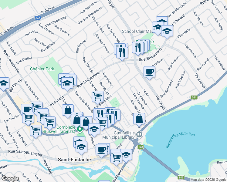 map of restaurants, bars, coffee shops, grocery stores, and more near 214 Rue Saint Marc in Saint-Eustache
