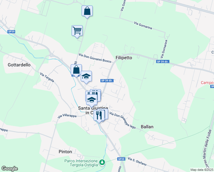 map of restaurants, bars, coffee shops, grocery stores, and more near 20 Via Roma in Santa Giustina In Colle