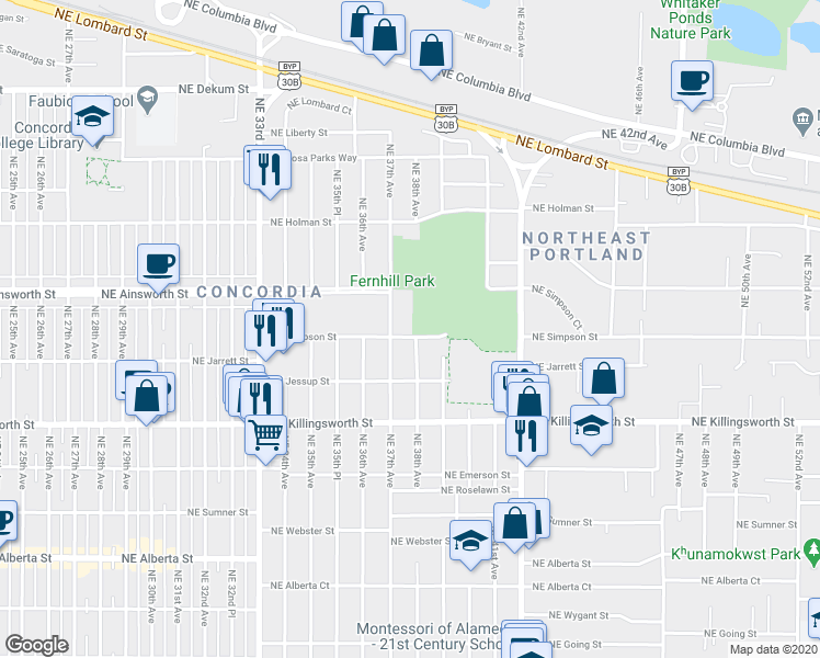 map of restaurants, bars, coffee shops, grocery stores, and more near 3737 Northeast Simpson Street in Portland