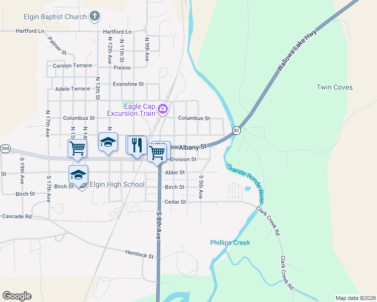 map of restaurants, bars, coffee shops, grocery stores, and more near 585 Albany Street in Elgin