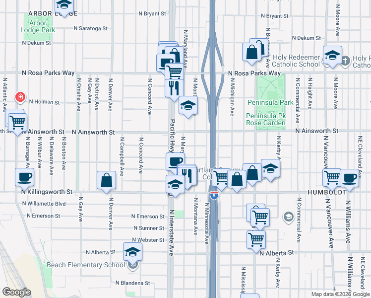 map of restaurants, bars, coffee shops, grocery stores, and more near 5833 North Montana Avenue in Portland