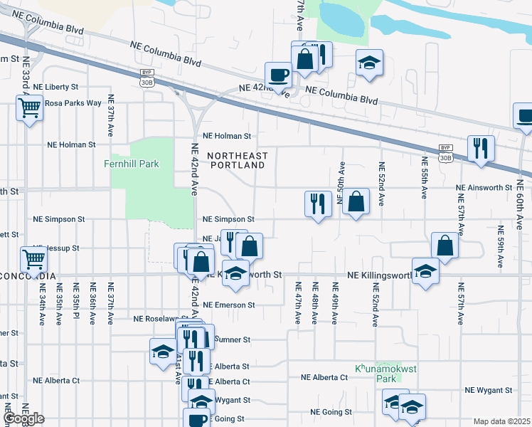 map of restaurants, bars, coffee shops, grocery stores, and more near 4551 Northeast Simpson Street in Portland