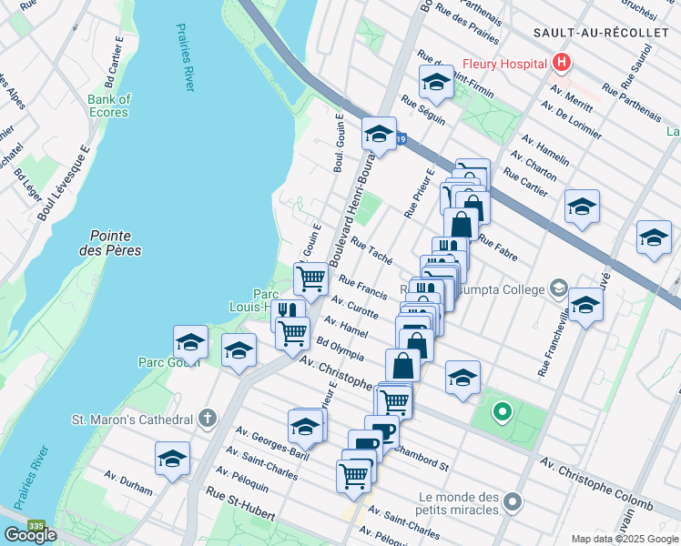 map of restaurants, bars, coffee shops, grocery stores, and more near 10625 Rue Francis in Montreal