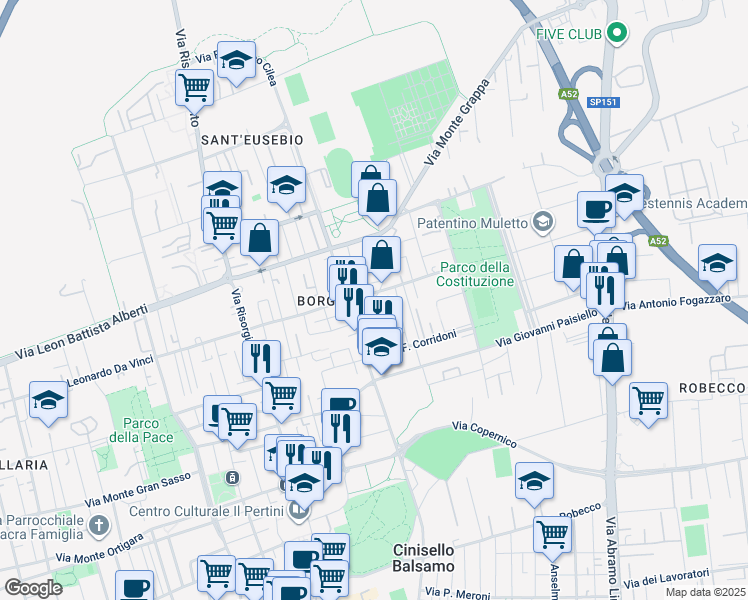 map of restaurants, bars, coffee shops, grocery stores, and more near 1 Via Gioacchino Rossini in Cinisello Balsamo