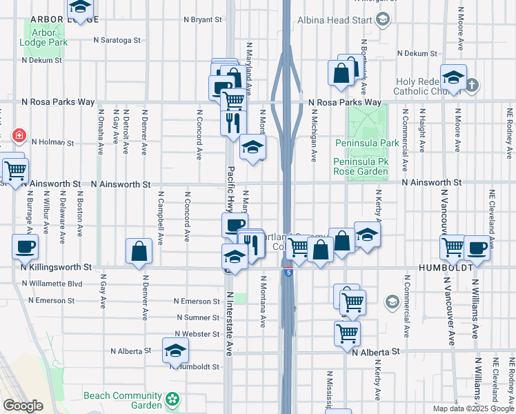 map of restaurants, bars, coffee shops, grocery stores, and more near 5833 North Montana Avenue in Portland