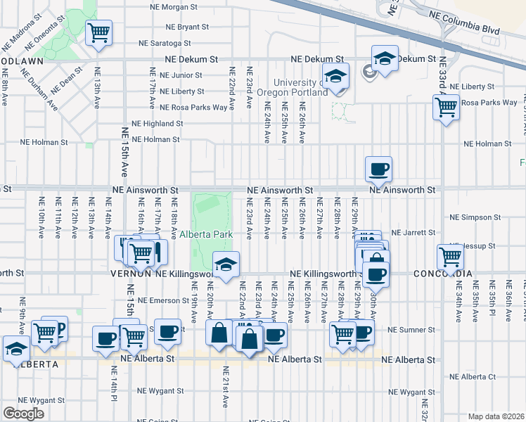 map of restaurants, bars, coffee shops, grocery stores, and more near 5903 Northeast 24th Avenue in Portland