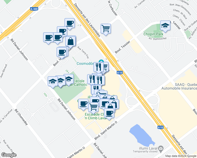map of restaurants, bars, coffee shops, grocery stores, and more near 2835 Avenue du Cosmodôme in Laval