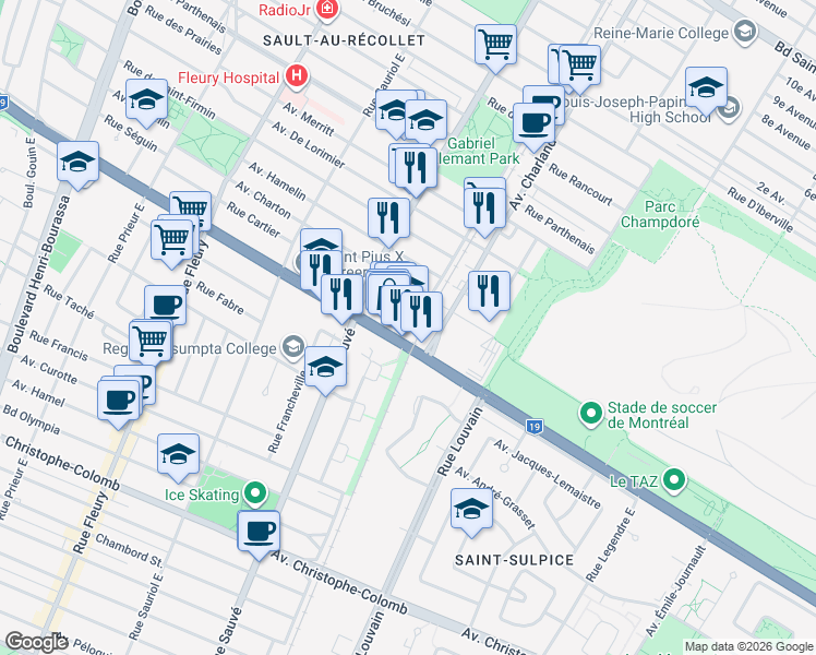 map of restaurants, bars, coffee shops, grocery stores, and more near 9615 Avenue Papineau in Montréal