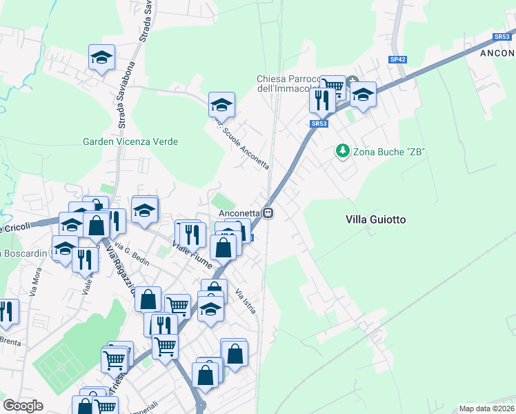 map of restaurants, bars, coffee shops, grocery stores, and more near 441 Viale Trieste in Vicenza