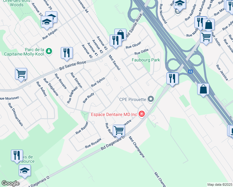 map of restaurants, bars, coffee shops, grocery stores, and more near 4157 Rue Stéphanie in Laval