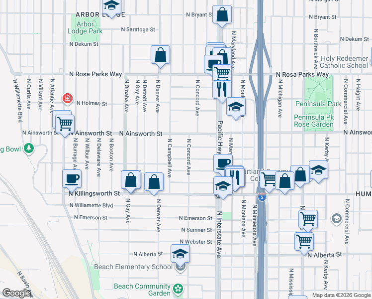 map of restaurants, bars, coffee shops, grocery stores, and more near 5835 North Concord Avenue in Portland