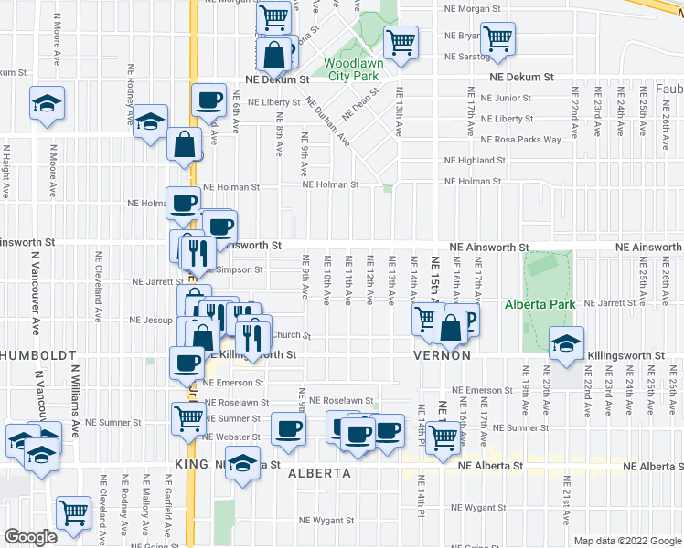 map of restaurants, bars, coffee shops, grocery stores, and more near 5900 Northeast 10th Avenue in Portland