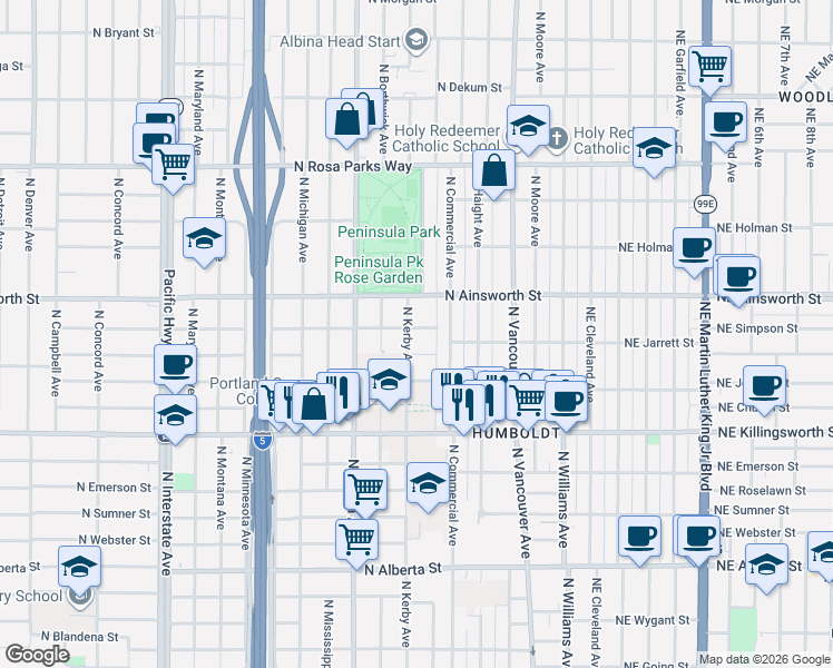 map of restaurants, bars, coffee shops, grocery stores, and more near 5835 North Kerby Avenue in Portland