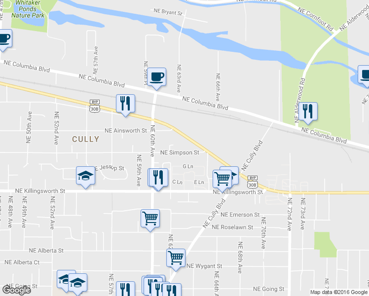 map of restaurants, bars, coffee shops, grocery stores, and more near 6315 Northeast Simpson Street in Portland