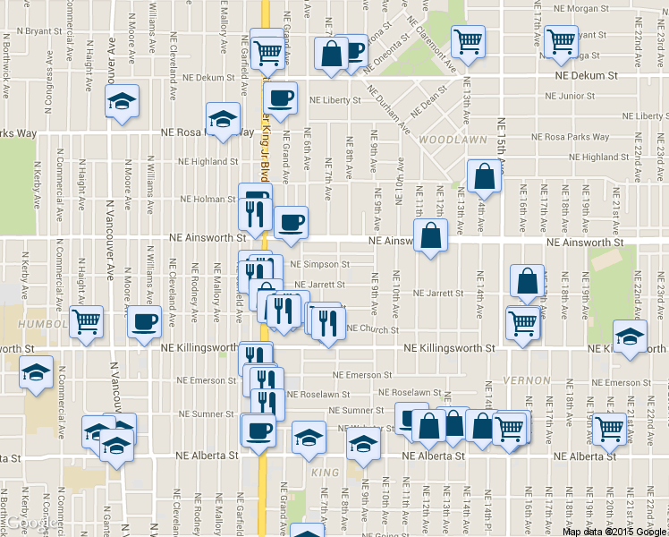 map of restaurants, bars, coffee shops, grocery stores, and more near 5835 Northeast 8th Avenue in Portland