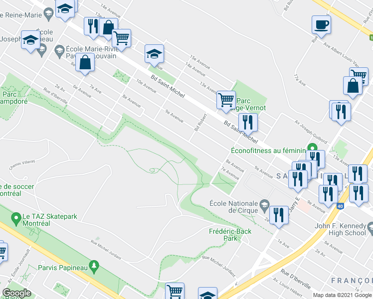 map of restaurants, bars, coffee shops, grocery stores, and more near 8580 8e Avenue in Montréal