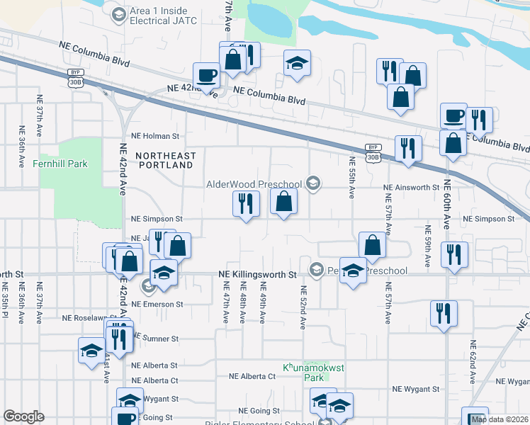 map of restaurants, bars, coffee shops, grocery stores, and more near 5934 Northeast 50th Avenue in Portland