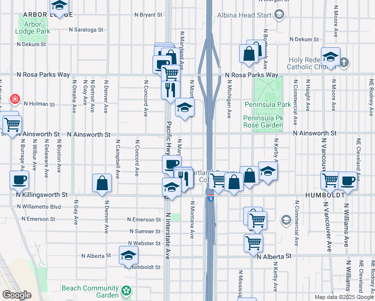 map of restaurants, bars, coffee shops, grocery stores, and more near 5833 North Montana Avenue in Portland