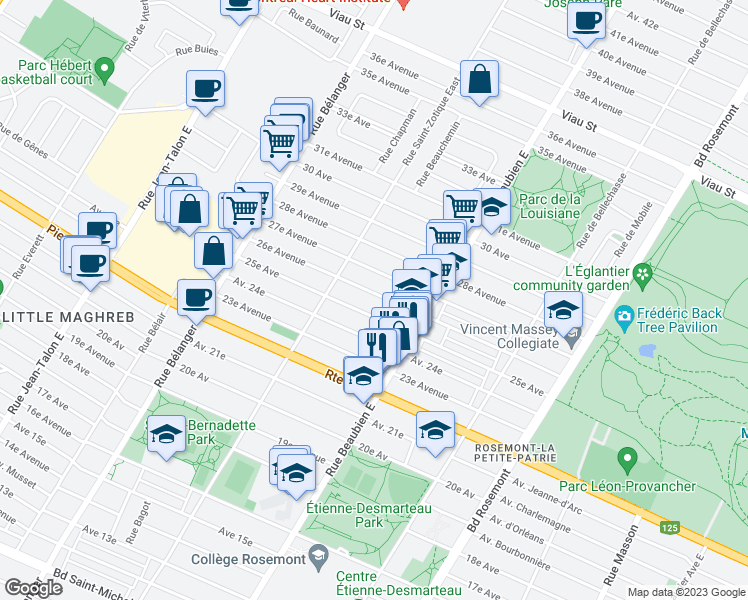map of restaurants, bars, coffee shops, grocery stores, and more near 6618 26e Avenue in Montréal