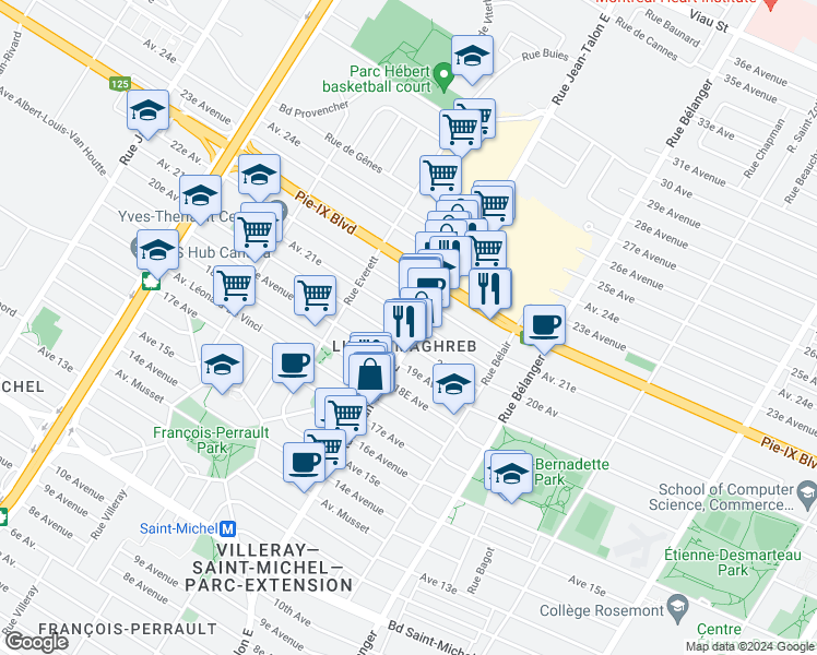 map of restaurants, bars, coffee shops, grocery stores, and more near 7220 Avenue 21e in Montrã©Al
