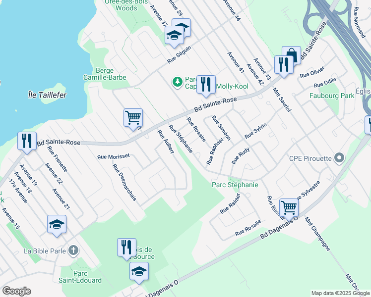 map of restaurants, bars, coffee shops, grocery stores, and more near 4440 Rue Stéphanie in Laval