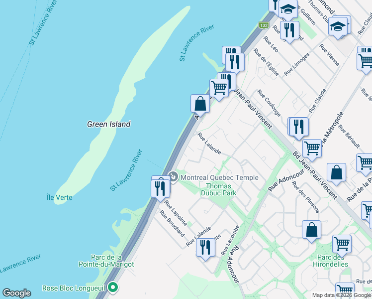 map of restaurants, bars, coffee shops, grocery stores, and more near 1510 Boulevard Marie-Victorin in Longueuil