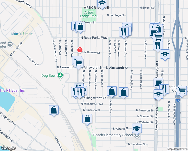 map of restaurants, bars, coffee shops, grocery stores, and more near 5815 North Delaware Avenue in Portland