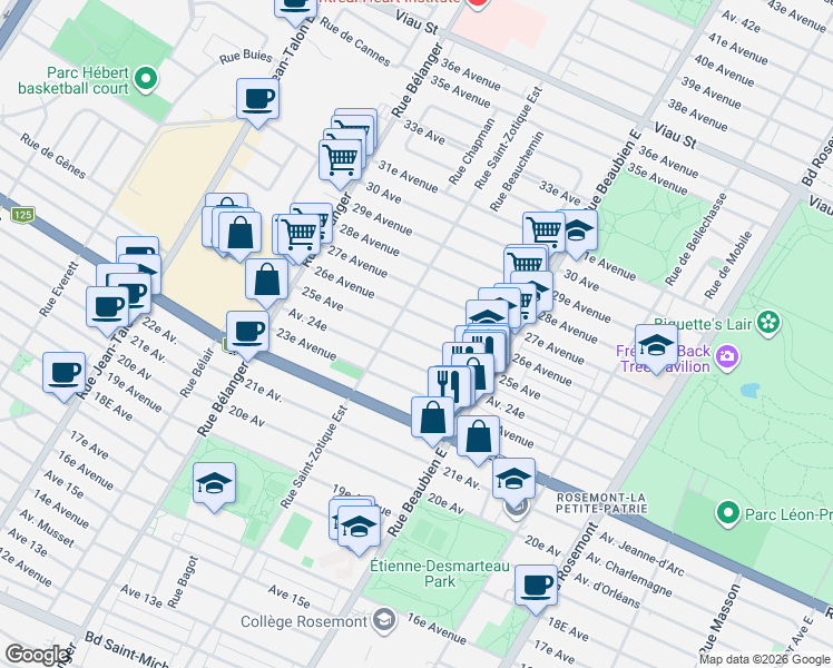 map of restaurants, bars, coffee shops, grocery stores, and more near 6679 25e Avenue in Montréal