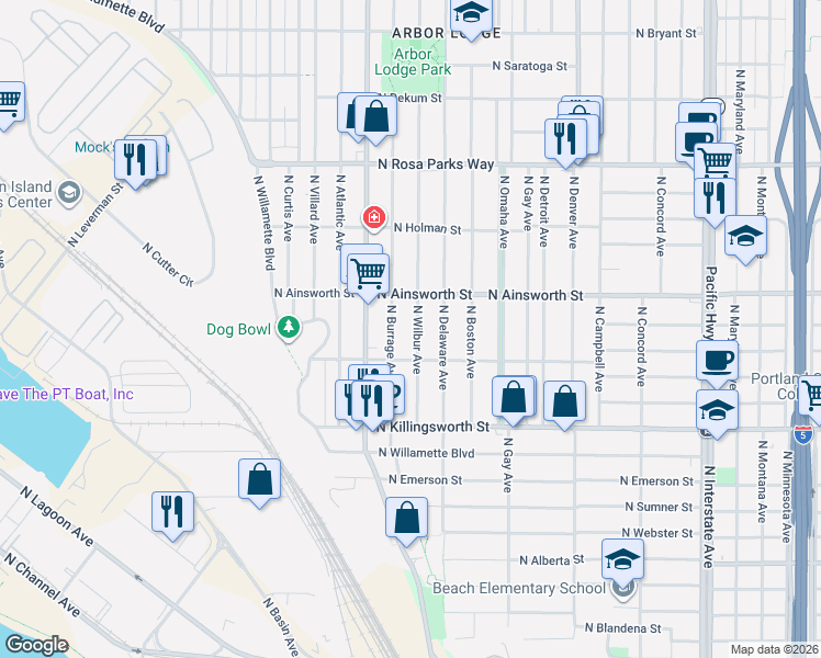 map of restaurants, bars, coffee shops, grocery stores, and more near 5815 North Wilbur Avenue in Portland