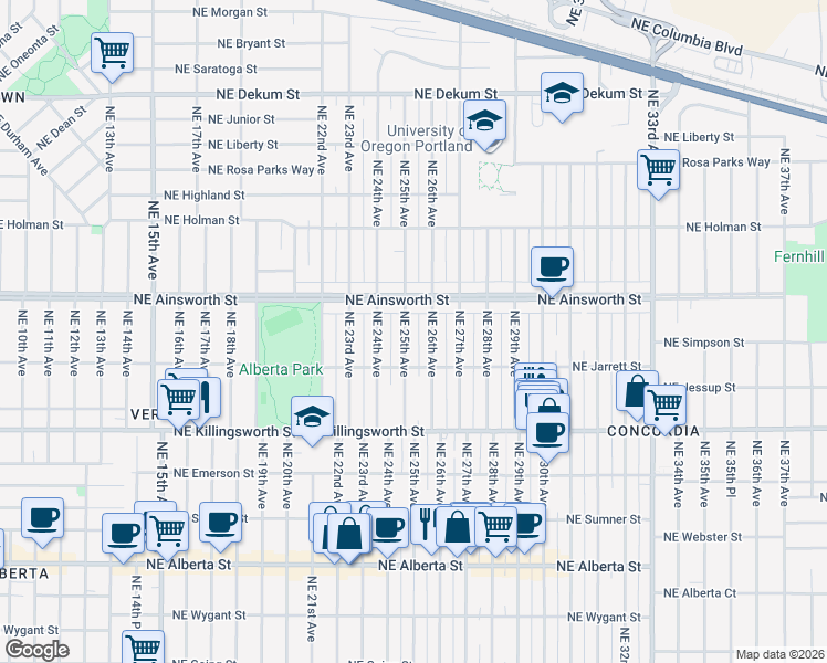 map of restaurants, bars, coffee shops, grocery stores, and more near 5908 Northeast 25th Avenue in Portland