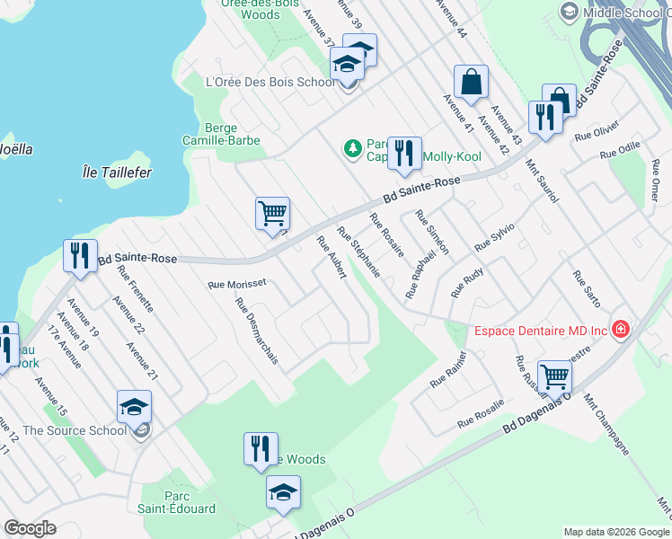 map of restaurants, bars, coffee shops, grocery stores, and more near 4059 Rue Aubert in Laval