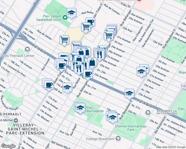 map of restaurants, bars, coffee shops, grocery stores, and more near 6918 23e Avenue in Montréal