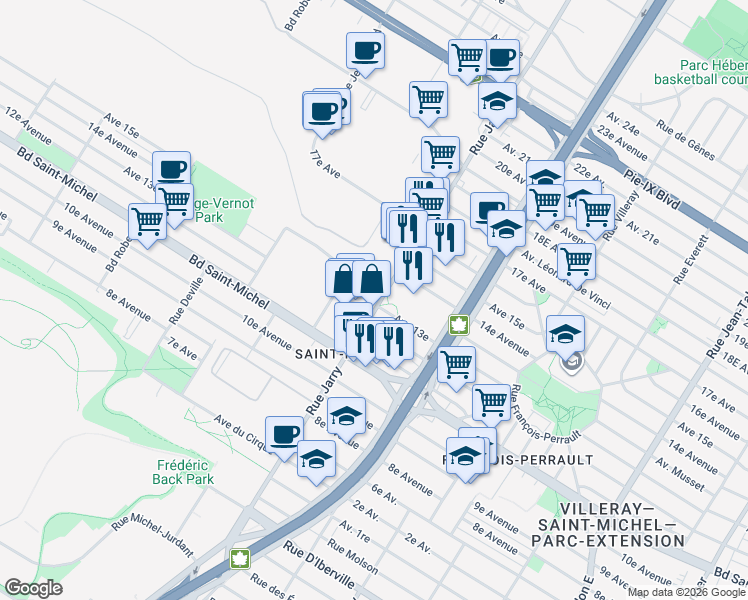 map of restaurants, bars, coffee shops, grocery stores, and more near 3355 Rue Jarry Est in Montréal